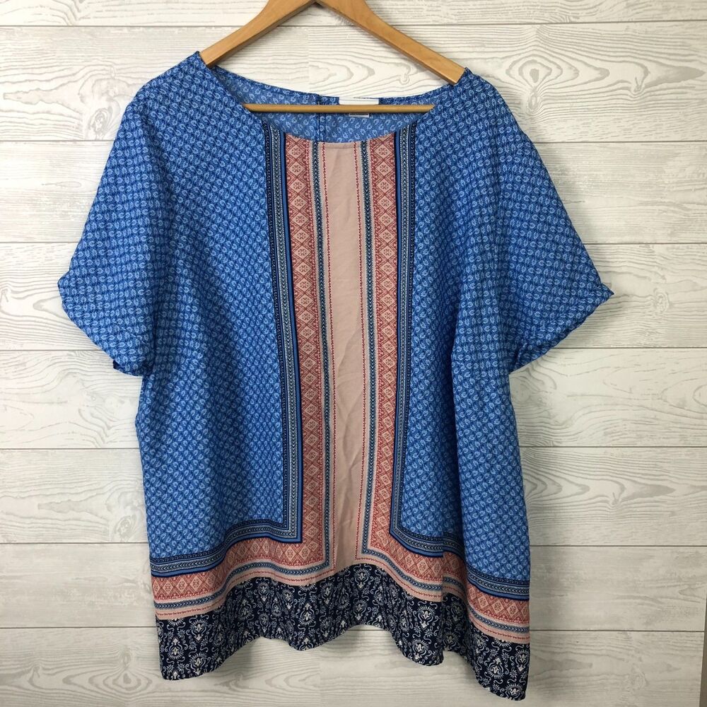 Liz Claiborne Women's 2X Printed Short Sleeve Blouse Scoop Neck Blue Coral Shirt